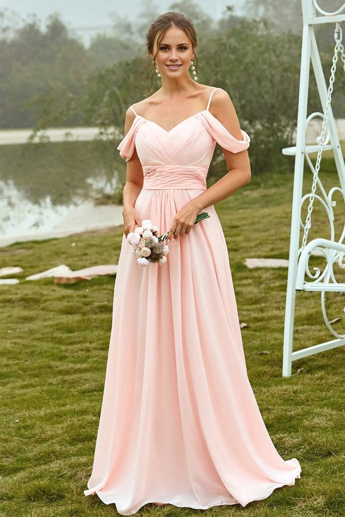 Pink Long Chiffon A Line Bridesmaid Dress Off The Shoulder – TANYA BRIDAL