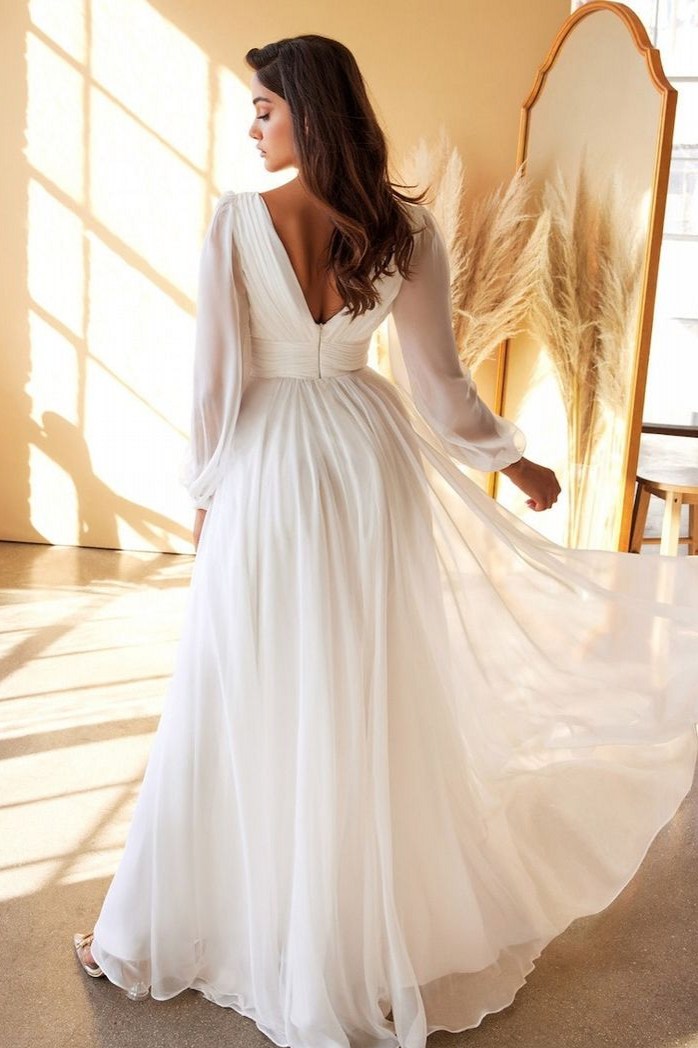 plunging v neck chiffon dress Plus Size Deep V-Neck Chiffon Wedding Guest Dress