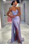 Lavender Pleated Mermaid Prom Dresses Side Split Evening Gowns