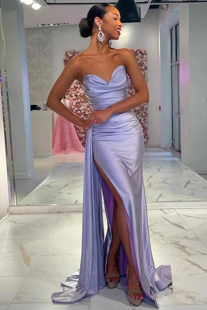 Lavender Pleated Mermaid Prom Dresses Side Split Evening Gowns TANYA BRIDAL Lavender Pleated Mermaid Prom Dresses Side Split Evening Gowns TANYA BRIDAL