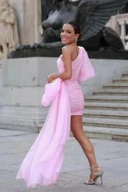 Pink One Shoulder Prom Dresses Short Puff Sleeves