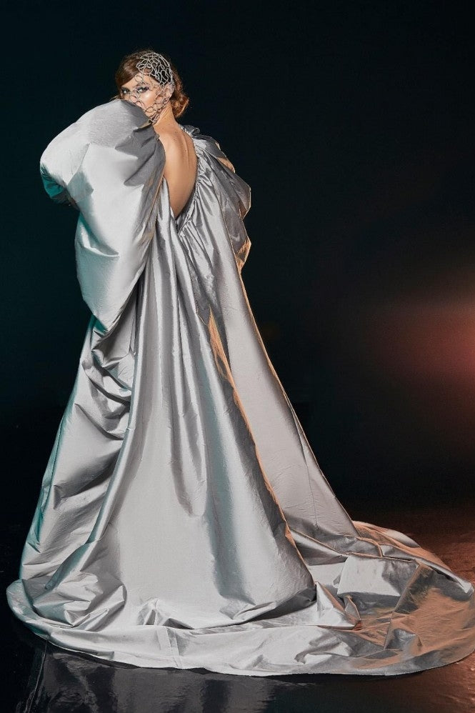 grey taffeta dress Sophisticated Silver Taffeta Dress with Sculptural Cut and Shape