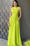 A Line Round Neck Sleeveless Fluo Green Chiffon Prom Dress