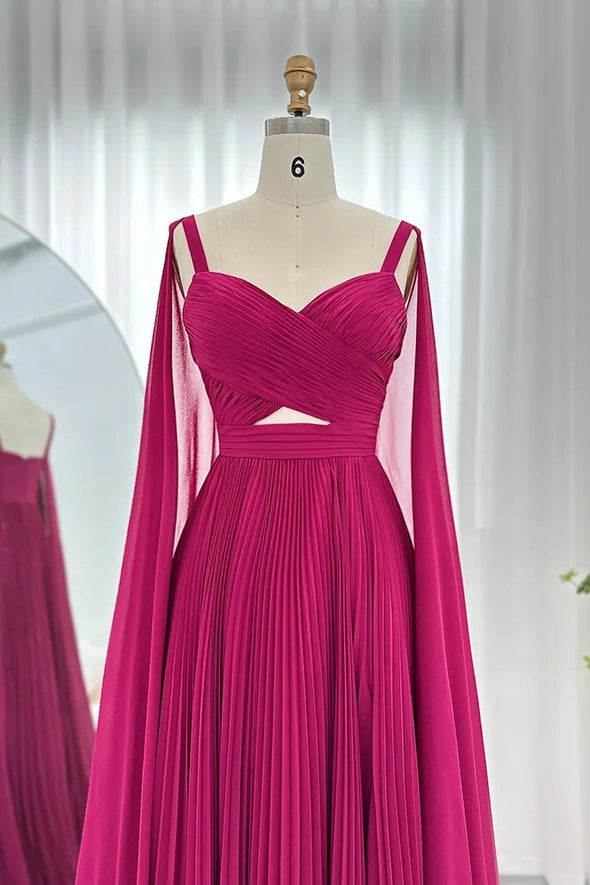 Arabic Fuchsia Chiffon Dubai Evening Dresses With Cape