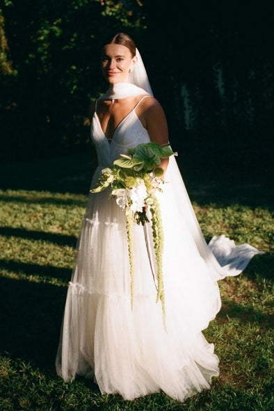 #DZ9351 A Line Meash Tulle V Neck Wedding Dress With Neck Scarf