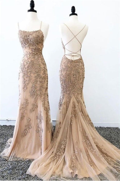 Lace Appliques Mermaid Long Evening Dress Sweep Train