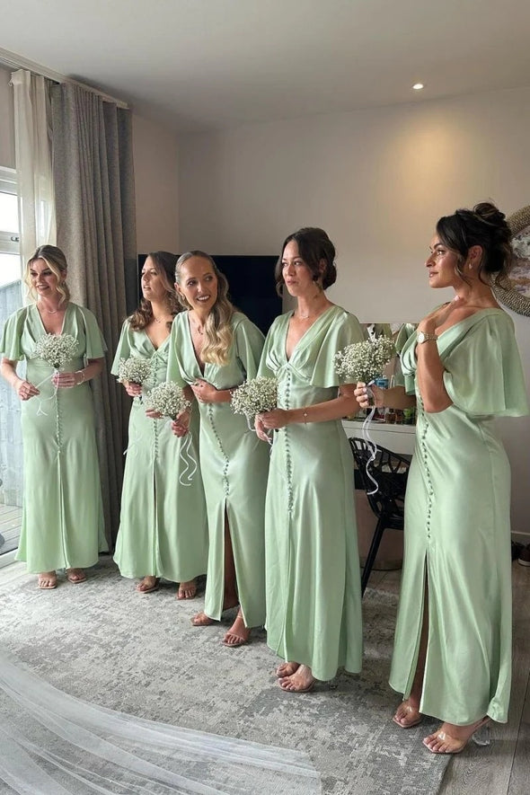 Fresh Green V Neck Short Sleeves Bridesmaid Dress
