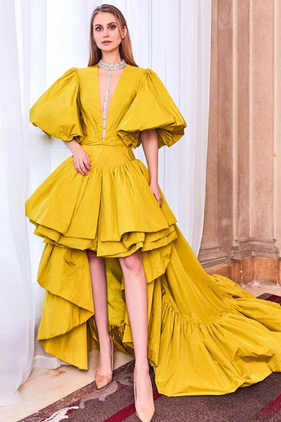 #DZ9303 Gold Taffeta Prom Dress High Low