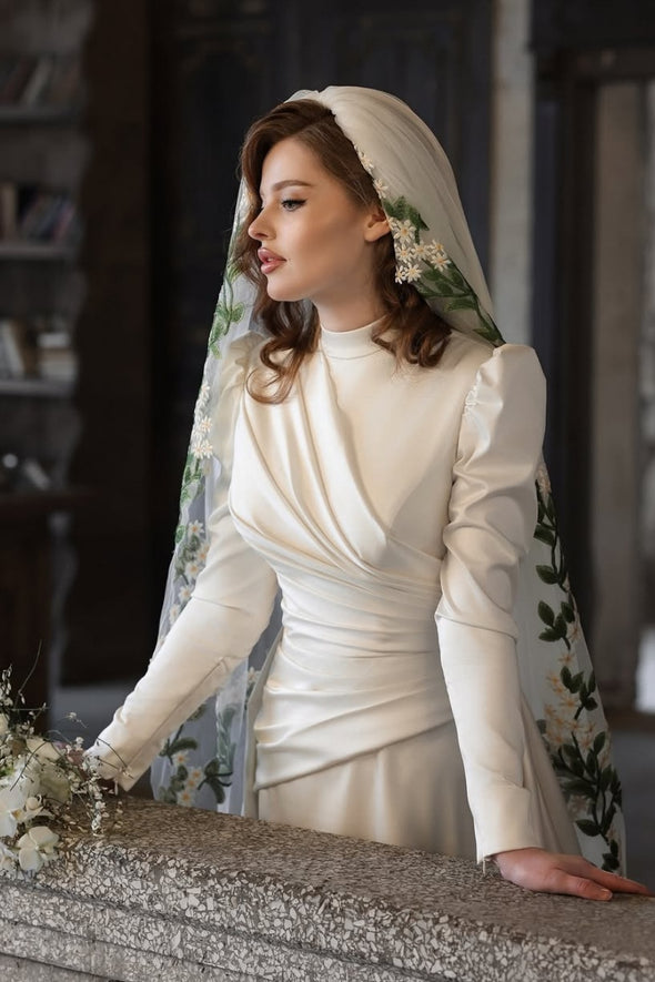High Neck Long Sleeves Wedding Dress With Draped