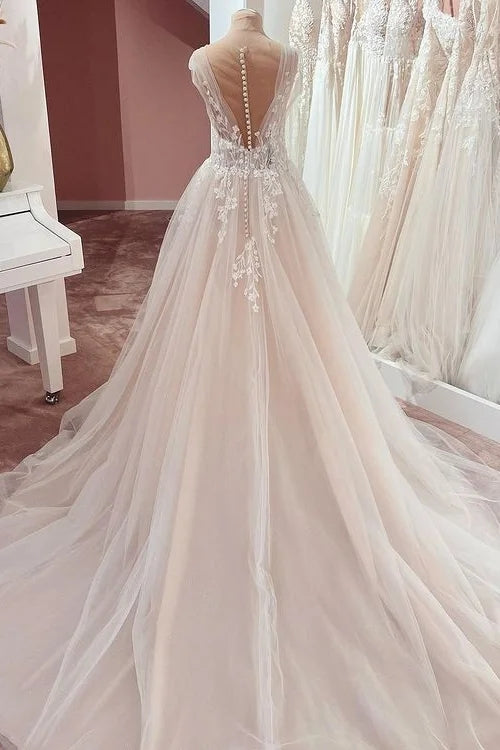 Fairy Long V Neck A Line Mesh Wedding Dress With Appliques TANYA BRIDAL Fairy Long V Neck A Line Mesh Wedding Dress With Appliques TANYA BRIDAL