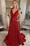 Red V Neck A Line Long Sequins Backless Prom Dress 24381726