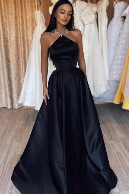 Halter Neck Black Satin Prom Dress TANYA BRIDAL Halter Neck Black Satin Prom Dress TANYA BRIDAL