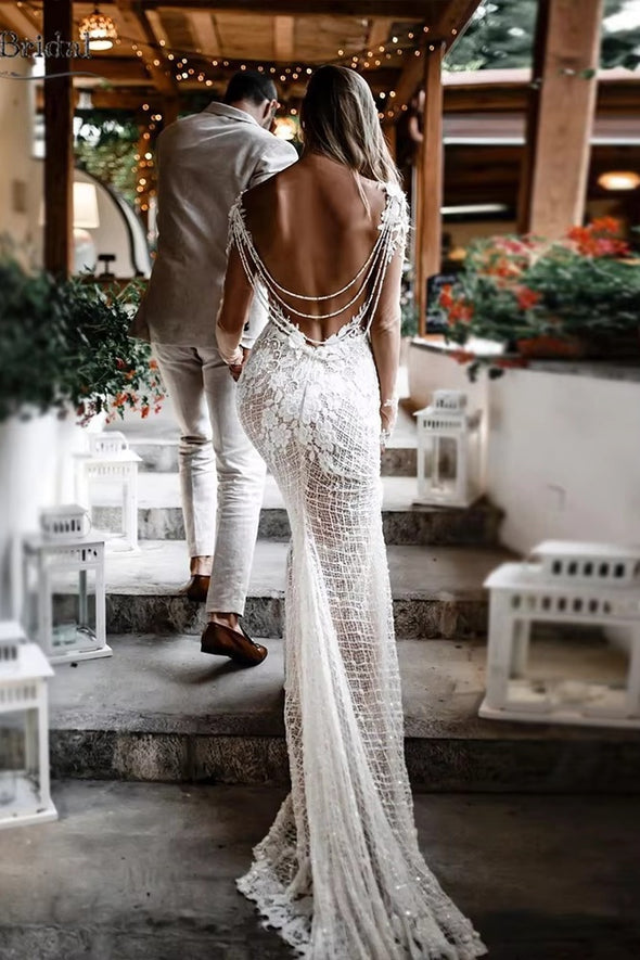 Champagne Lining Mermaid Lace Wedding Dresses DW251