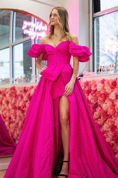 Taffeta Long Prom Dress Off The Shoulder High Split Hot Pink