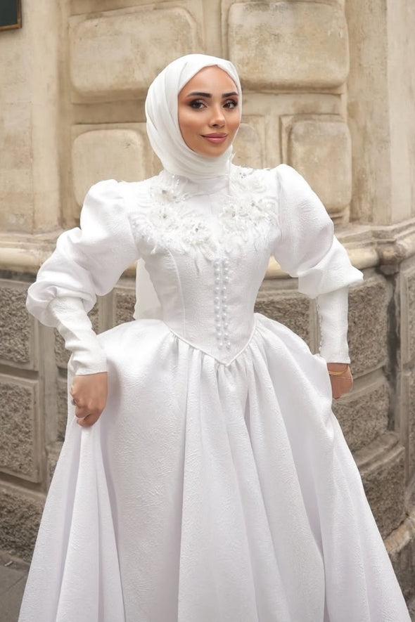 #DZ9443 Muslim Wedding Dress Long Sleeves With Lace Appliques