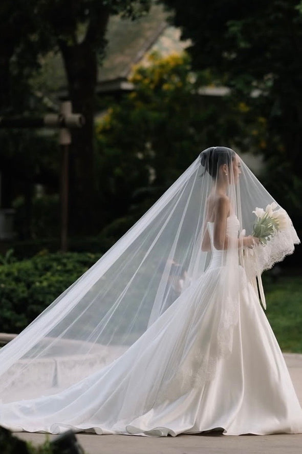 Romantic Long Satin Wedding Dress Strapless Ball Gown