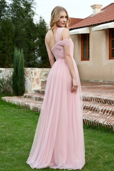 One Shoulder A Line Pink Pleats Bridesmaid Dress Modest