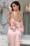 Petal Pink Long Evening Dress Backless With Bow on Hips