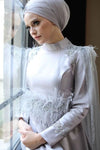 Lavender Long Muslim Wedding Dress Ostrich Feather With Detachable Cape