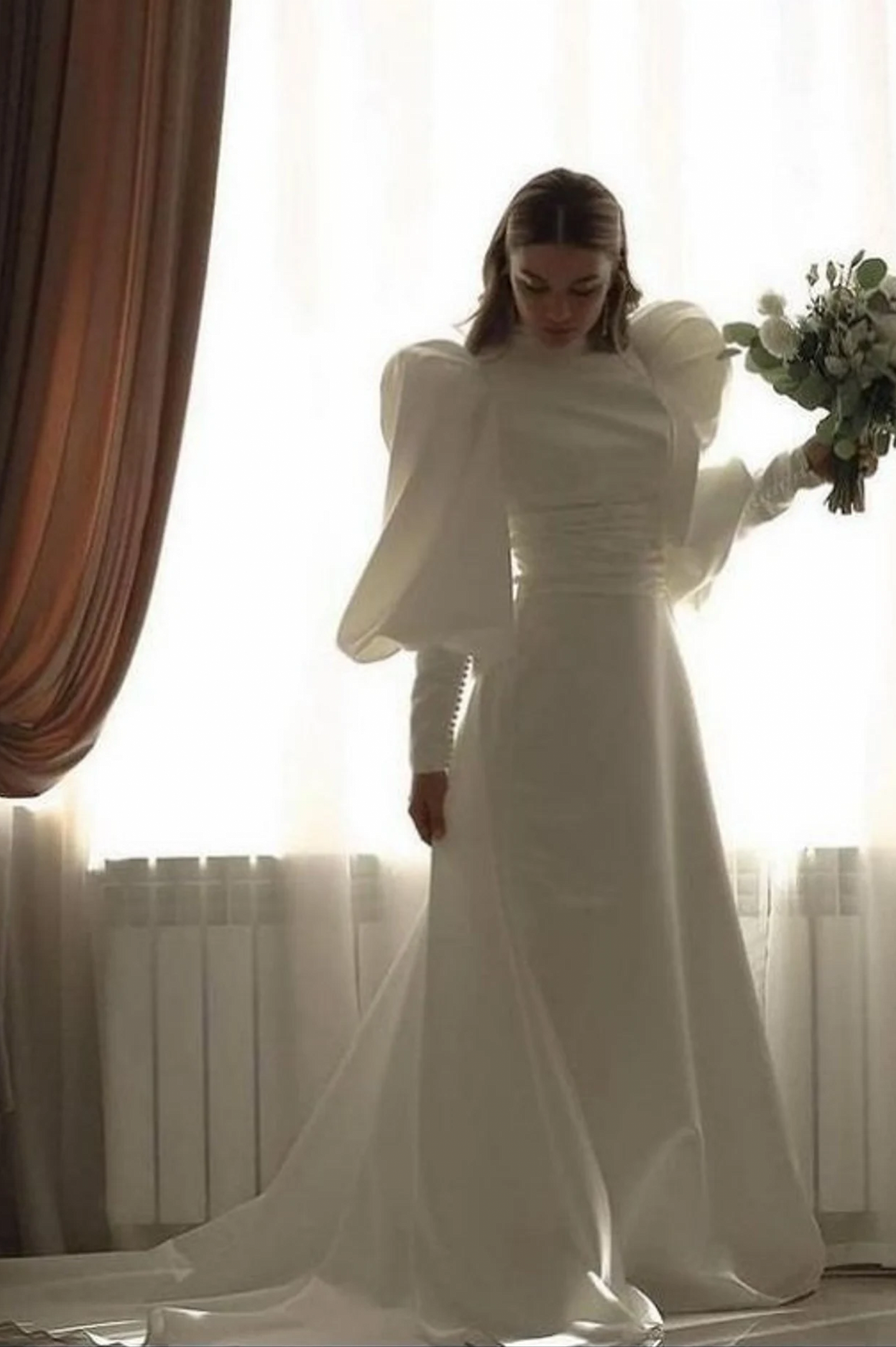 Full Puffy Sleeves High Collar Long Simple Wedding Dress With Button TANYA BRIDAL Full Puffy Sleeves High Collar Long Simple Wedding Dress With Button TANYA BRIDAL