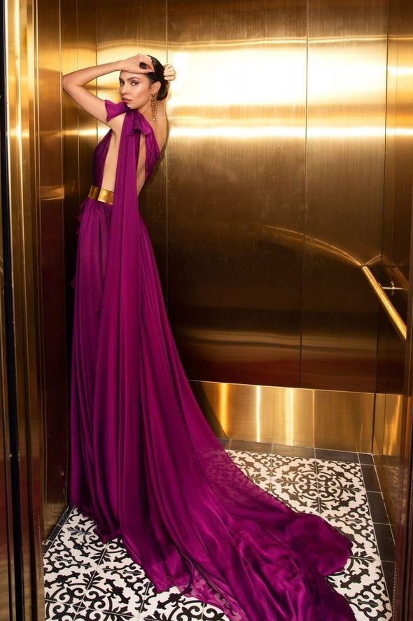 Fuchsia One Shoulder Thin Chiffon One Shoulder High Slit Prom Dresses