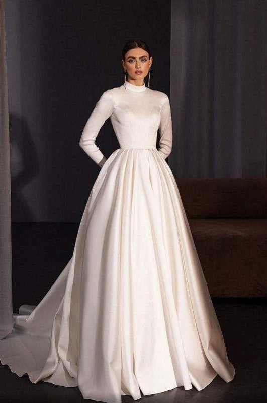 High Stand Neck Full Sleeves Close Back Satin A Line Muslim Wedding Dress