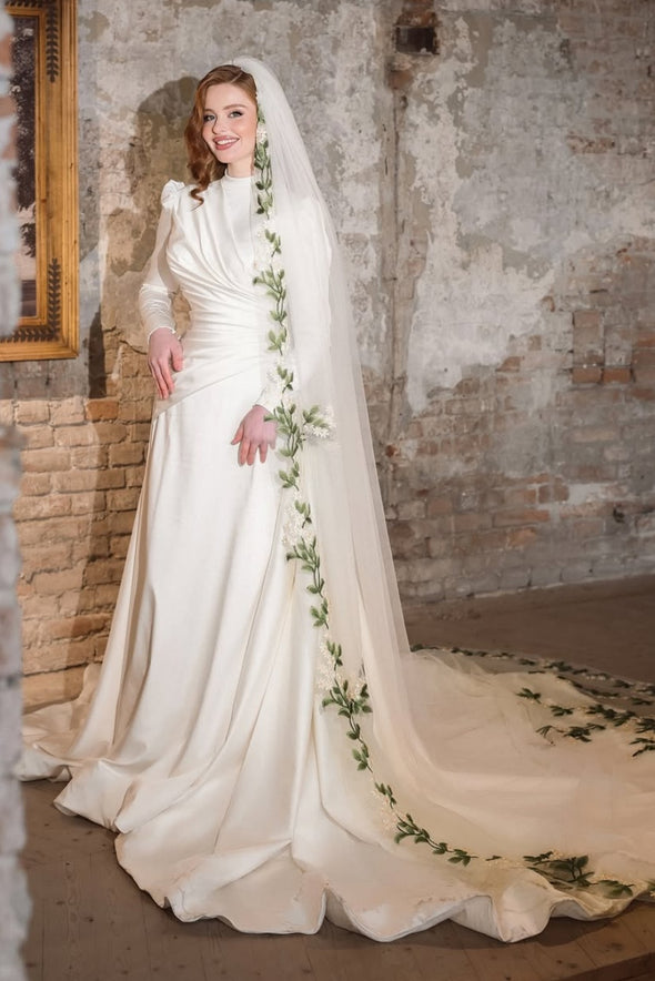 High Neck Long Sleeves Wedding Dress With Draped