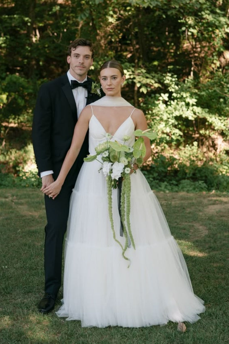 #DZ9351 A Line Meash Tulle V Neck Wedding Dress With Neck Scarf #DZ9351 A Line Meash Tulle V Neck Wedding Dress With Neck Scarf