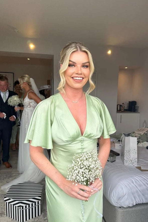 Fresh Green V Neck Short Sleeves Bridesmaid Dress