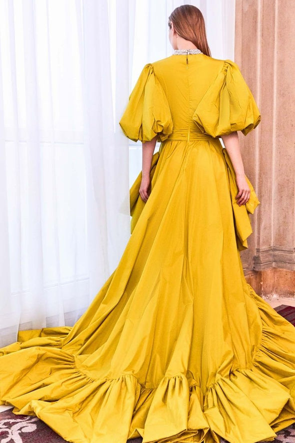 #DZ9303 Gold Taffeta Prom Dress High Low