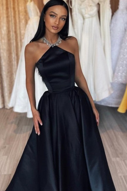 black halter neck prom dress Halter Neck Black Satin Prom Dress – TANYA BRIDAL