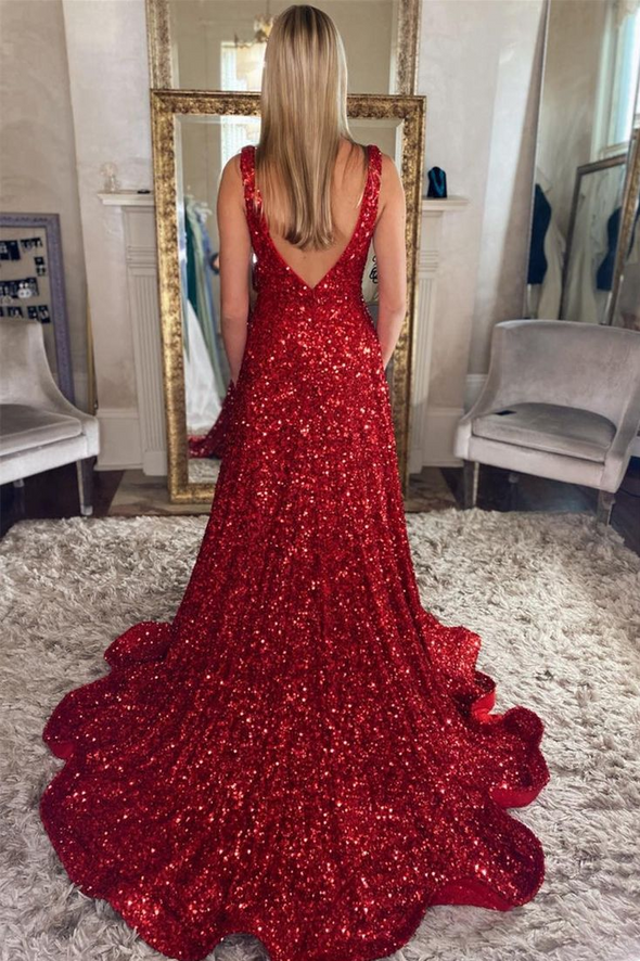 Red V Neck A Line Long Sequins Backless Prom Dress 24381726