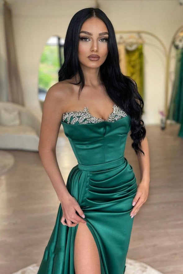 Teal Green Shine Satin A Line Long Prom Dress