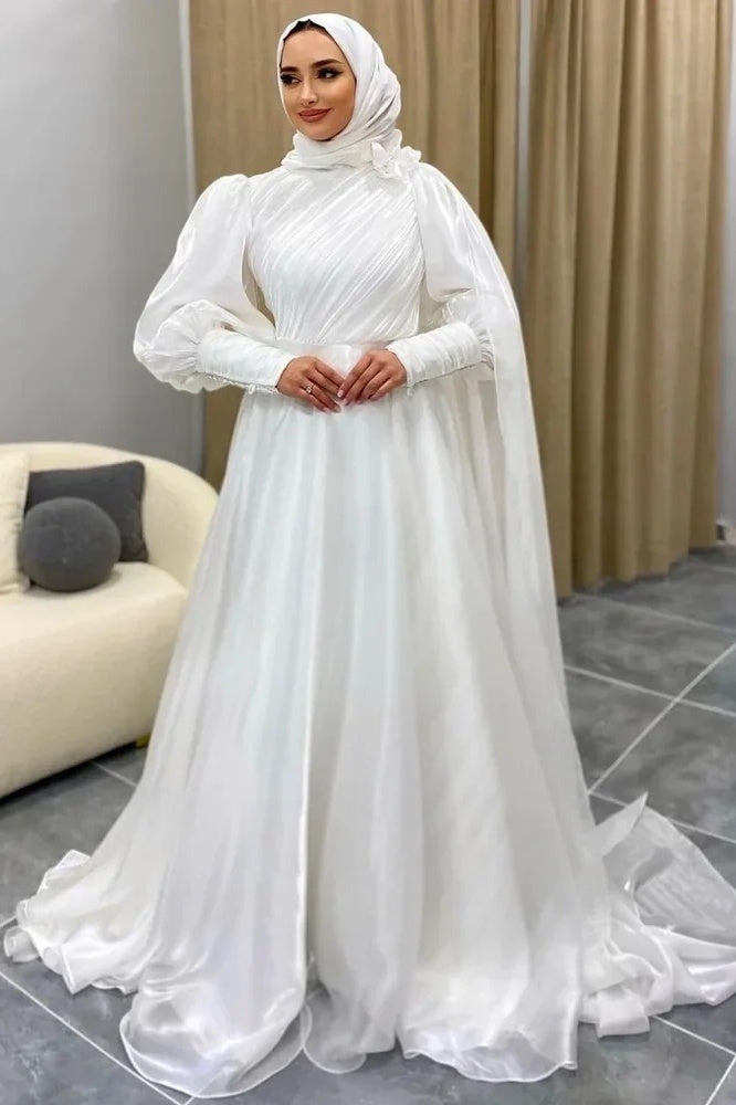 Shiny Organza Long Muslim Wedding Dress Pleated TANYA BRIDAL Shiny Organza Long Muslim Wedding Dress Pleated TANYA BRIDAL