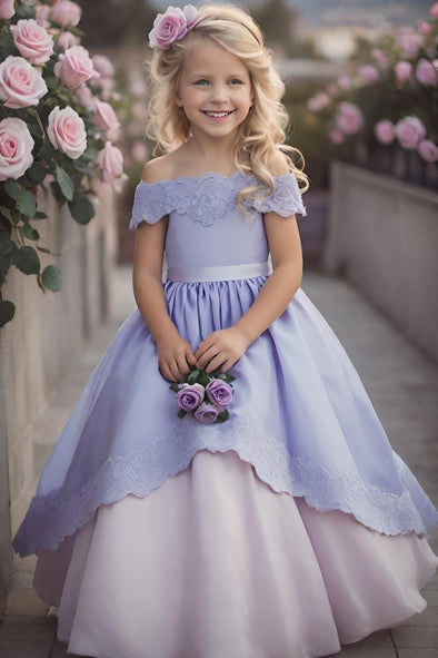 #DZ9408 Lavender Lace Appliques Girl Party Dress