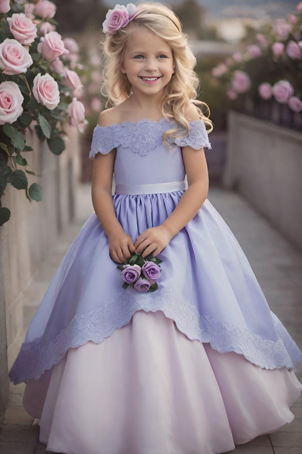 #DZ9408 Lavender Lace Appliques Girl Party Dress