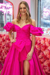 Taffeta Long Prom Dress Off The Shoulder High Split Hot Pink