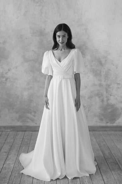 Satin Simple A Line Wedding Dresses V-Neck ZW858