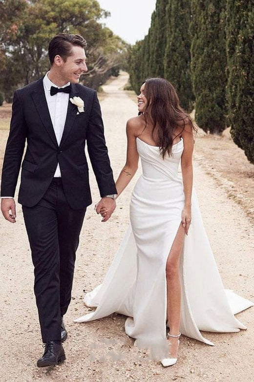 Modest Simple Long Wedding Gown With Split Court Train