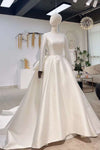Long Sleeves Satin Wedding Dress With Detachable Swing Train