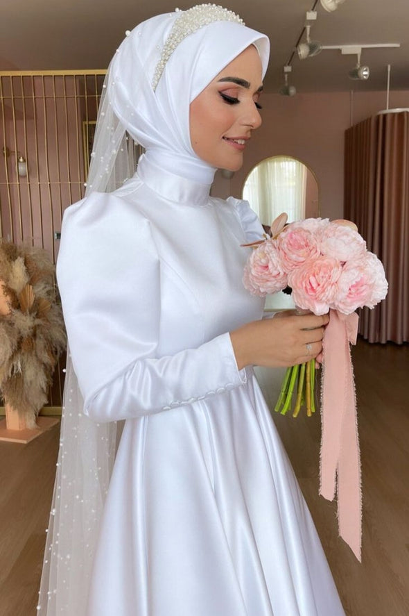 High Collar Full Sleeves Satin Modest Muslim Wedding Dress
