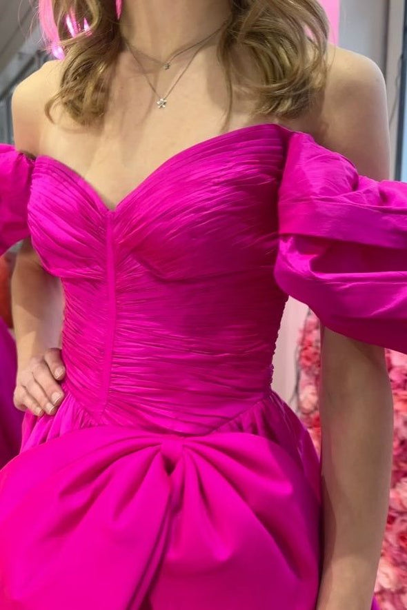 Taffeta Long Prom Dress Off The Shoulder High Split Hot Pink