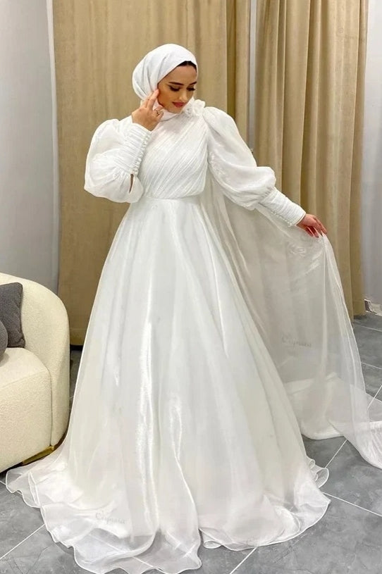 Shiny Organza Long Muslim Wedding Dress Pleated TANYA BRIDAL Shiny Organza Long Muslim Wedding Dress Pleated TANYA BRIDAL