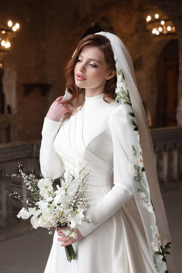 High Neck Long Sleeves Wedding Dress With Draped