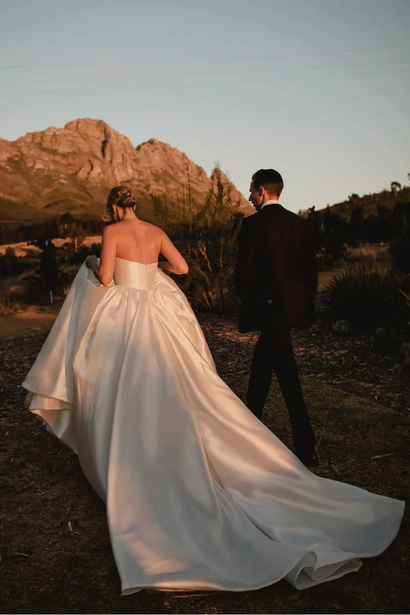 Garden Wedding Dress A Line Satin Strapless Bridal Gown