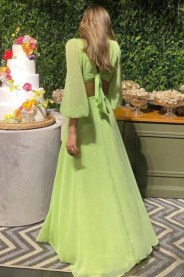 A Line V Neck Full Sleeves Cut Away Sexy Chiffon Prom Dress