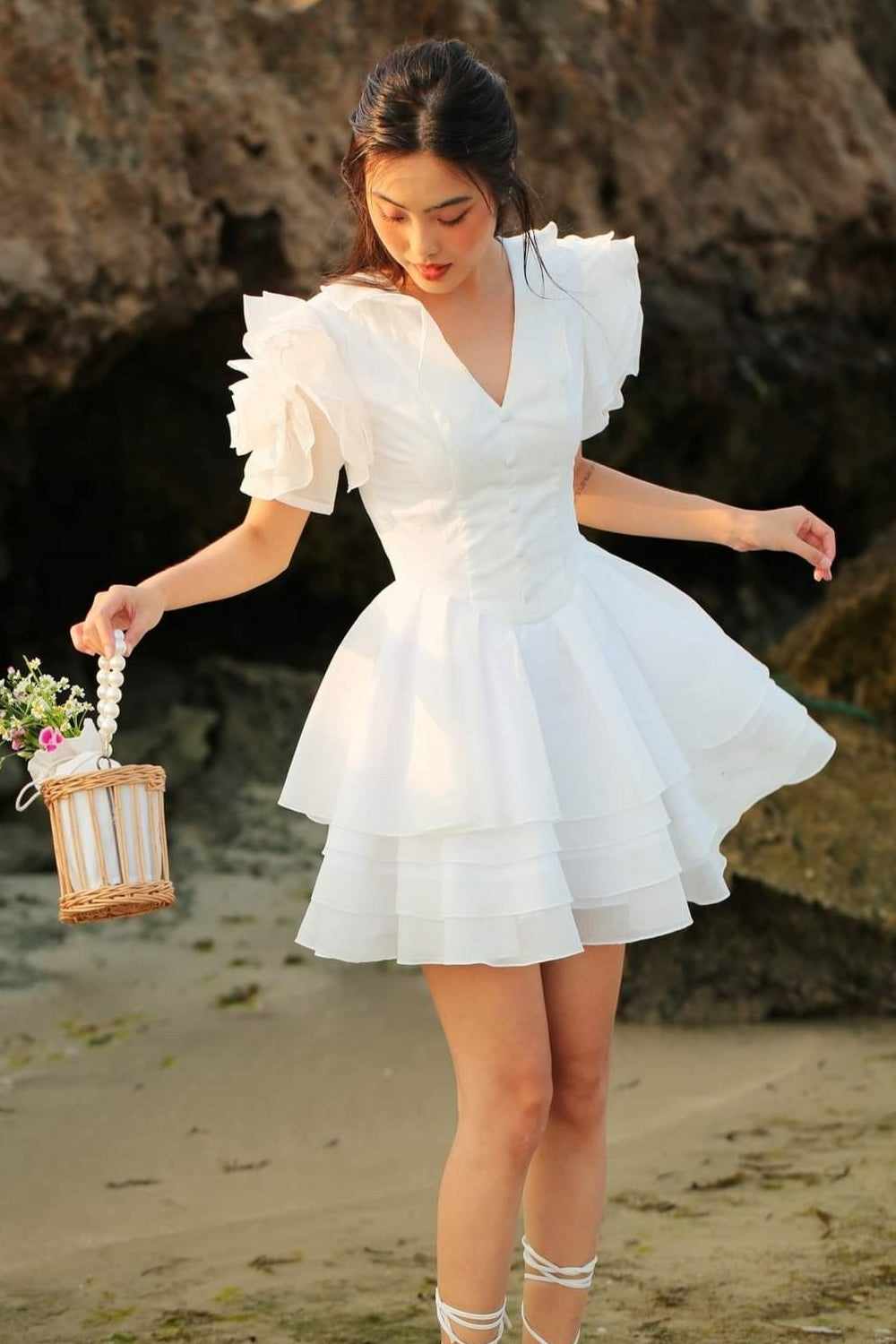 V Neck Short Sleeves With Flower A Line Mini Party Gown TANYA BRIDAL V Neck Short Sleeves With Flower A Line Mini Party Gown TANYA BRIDAL