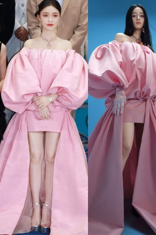 Puffy Outfit Strapless Full Sleeves Pink Taffeta Wedding Cape