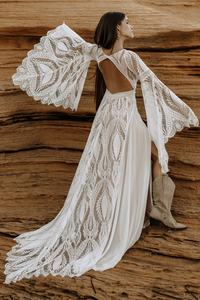 Long Split Bell Sleeves Boho Chiffon Lace Wedding Dress Long Split Bell Sleeves Boho Chiffon Lace Wedding Dress