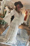 Bohemian Long Flare Sleeves Lace Wedding Dress V Neck Chic